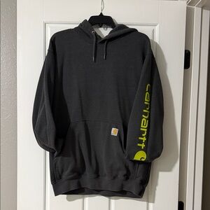 Carhartt Men's Dark Gray Hoodie with Neon Yellow Sleeve Logo